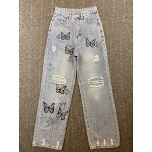 Butterfly Print Distressed Light Wash Denim Jeans High‎ Rise Womens XS (Size 0)